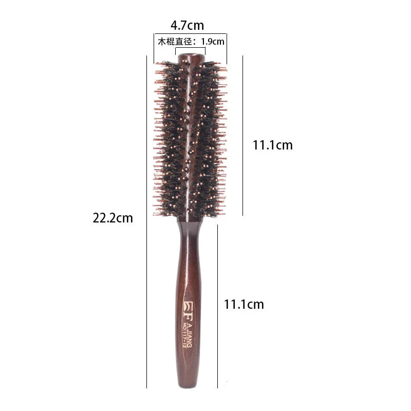 Natural Boar Bristle Hair Curling Comb – rund fønebørste i tre for glansfull styling