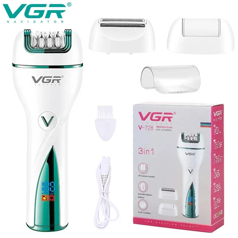VGR V-728 3‑i‑1 epilator og trimmer – oppladbar multigroomer