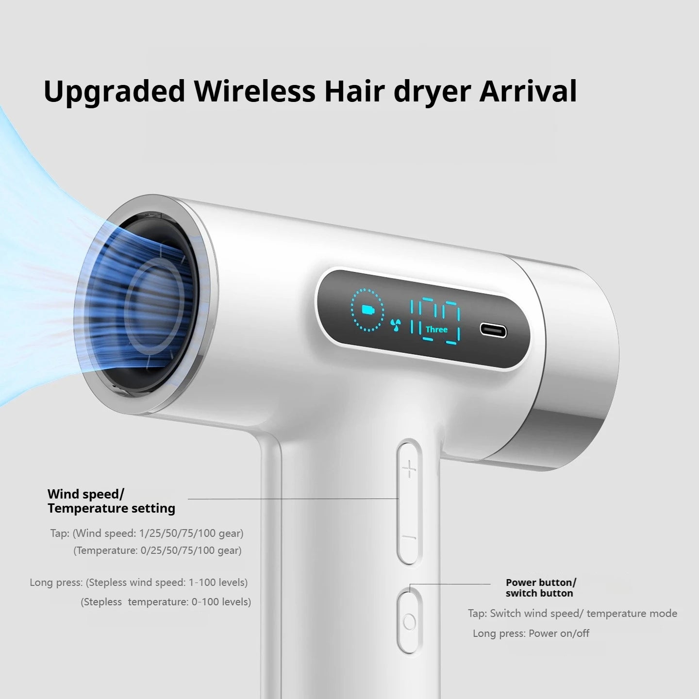 Trådløs Høyhastighets Hårføner – 100 000 RPM, Oppladbar og Stilren