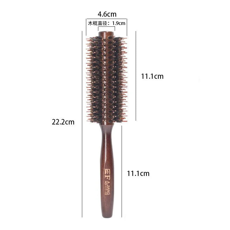Natural Boar Bristle Hair Curling Comb – rund fønebørste i tre for glansfull styling
