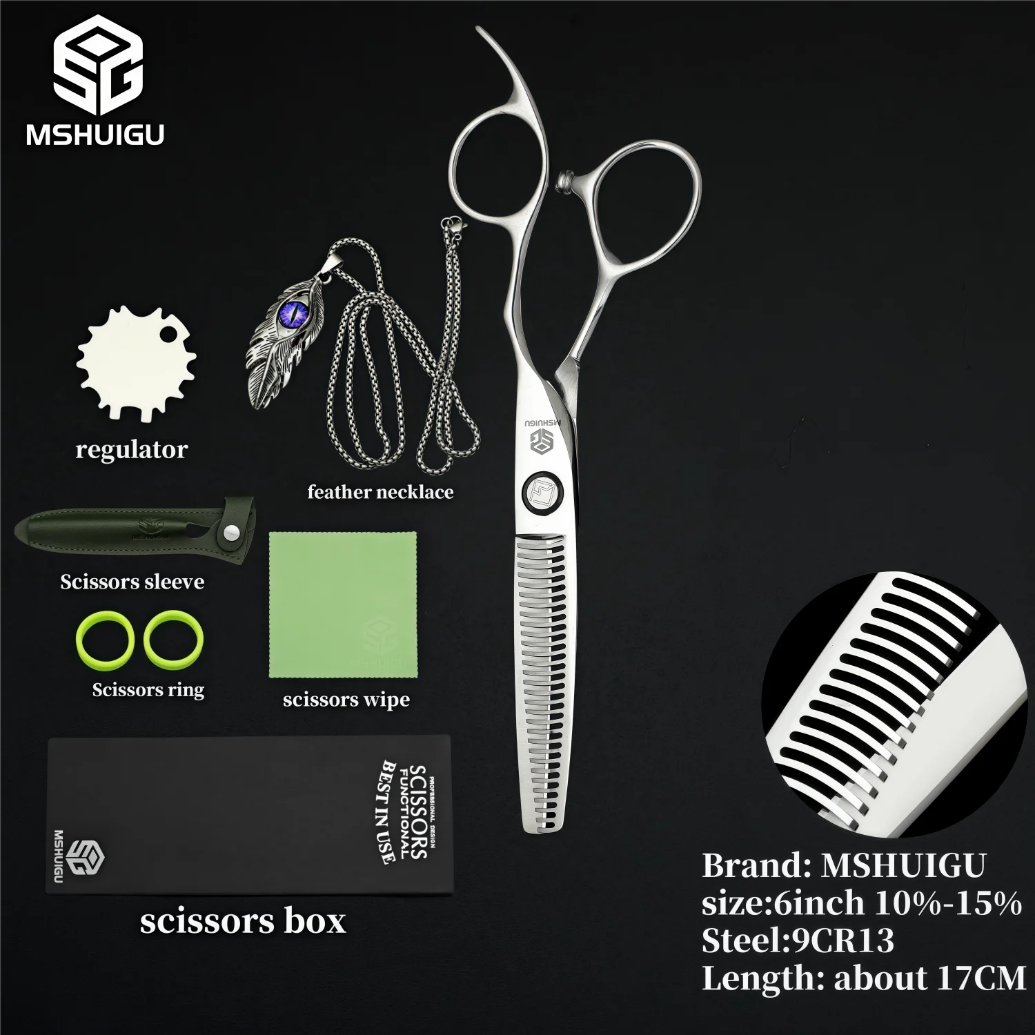 MSHUIGU VG10 Profesjonell Frisørsaks – Laser-Slipt Blad med 26 Tenner for Presis Tynning