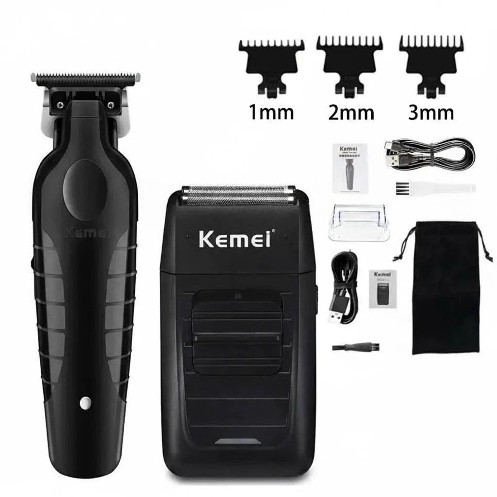 Kemei KM-2296 + KM-2299 + KM-1102 Professional Hair Clipper Kit – komplett trådløst klippesett for hår, skjegg og detaljer