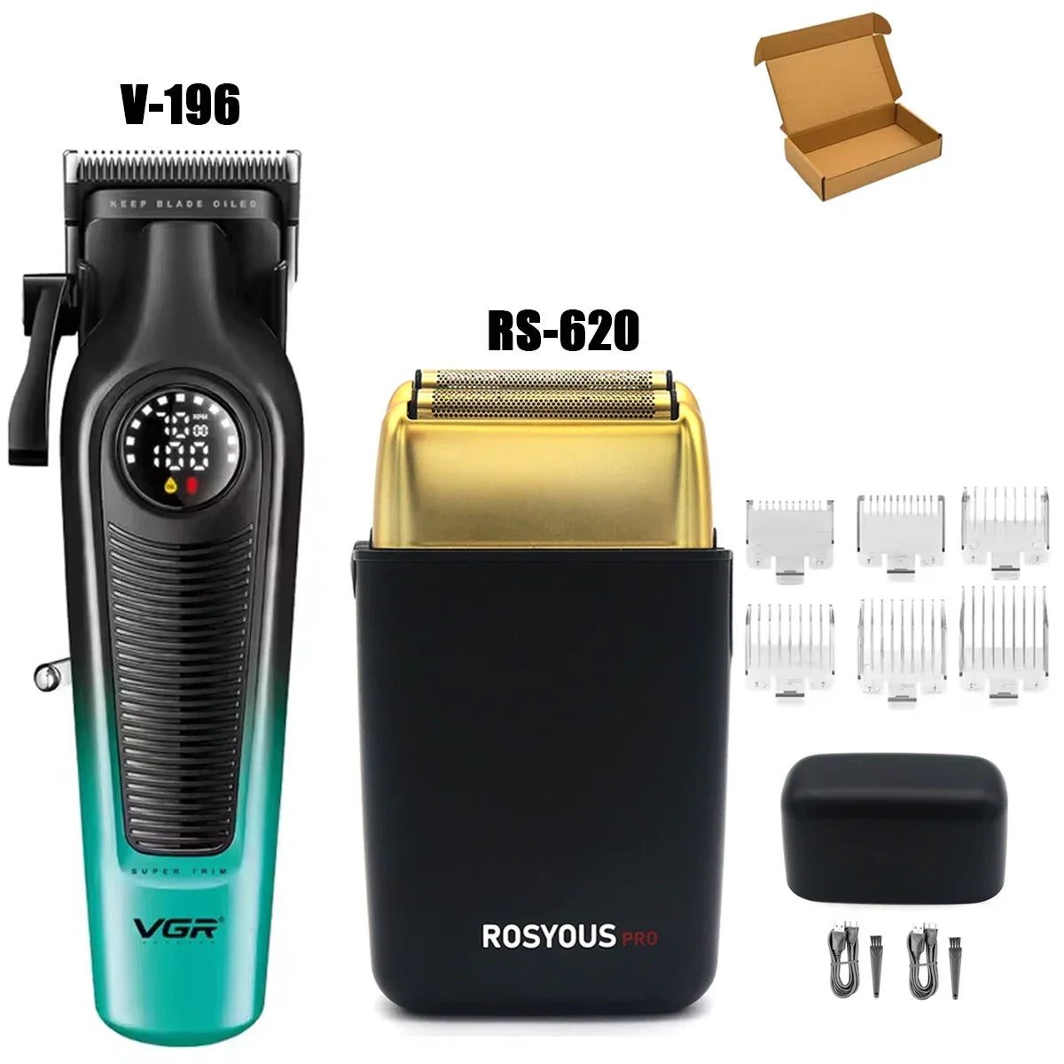 VGR V-996 / V-196 / RS-620 Profesjonelt Klippesett – komplett barberkit med kraftige klippere og LED-display