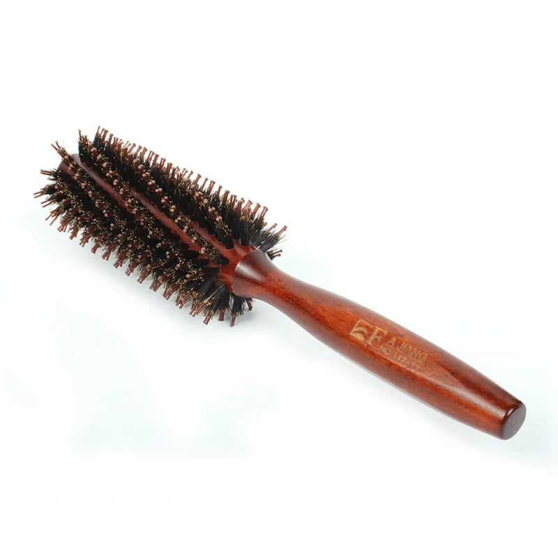 Natural Boar Bristle Hair Curling Comb – rund fønebørste i tre for glansfull styling