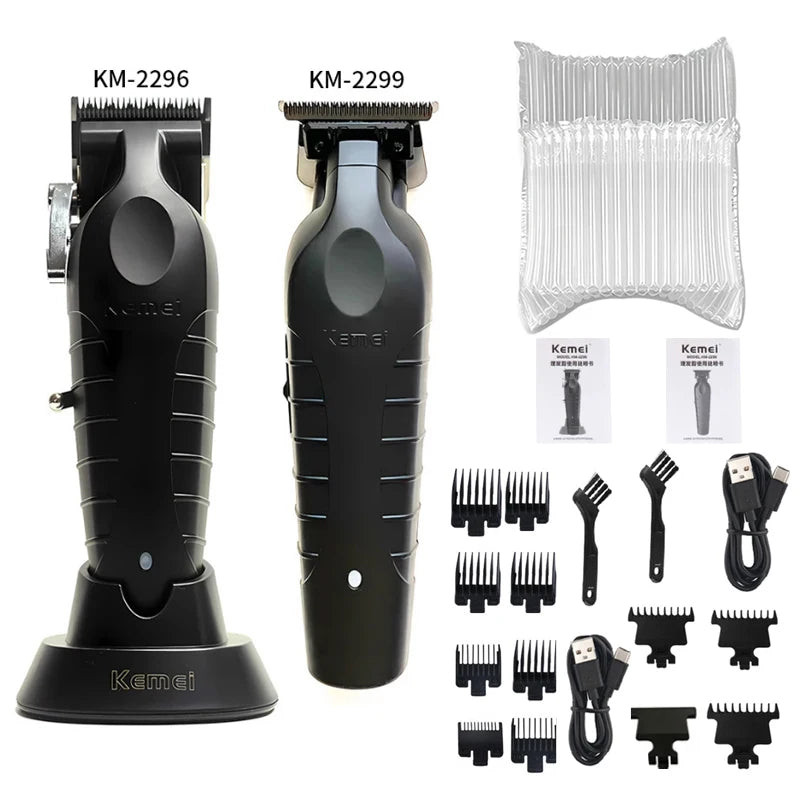 Kemei KM-2296 + KM-2299 + KM-1102 Professional Hair Clipper Kit – komplett trådløst klippesett for hår, skjegg og detaljer