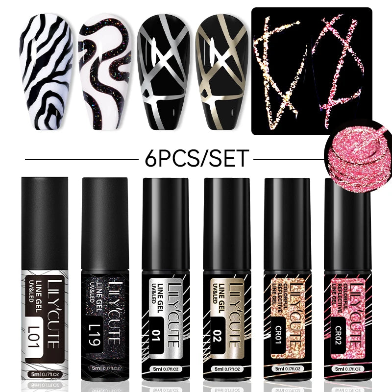 LILYCUTE 6-Delers Reflekterende Glitter Liner Gel Neglesett