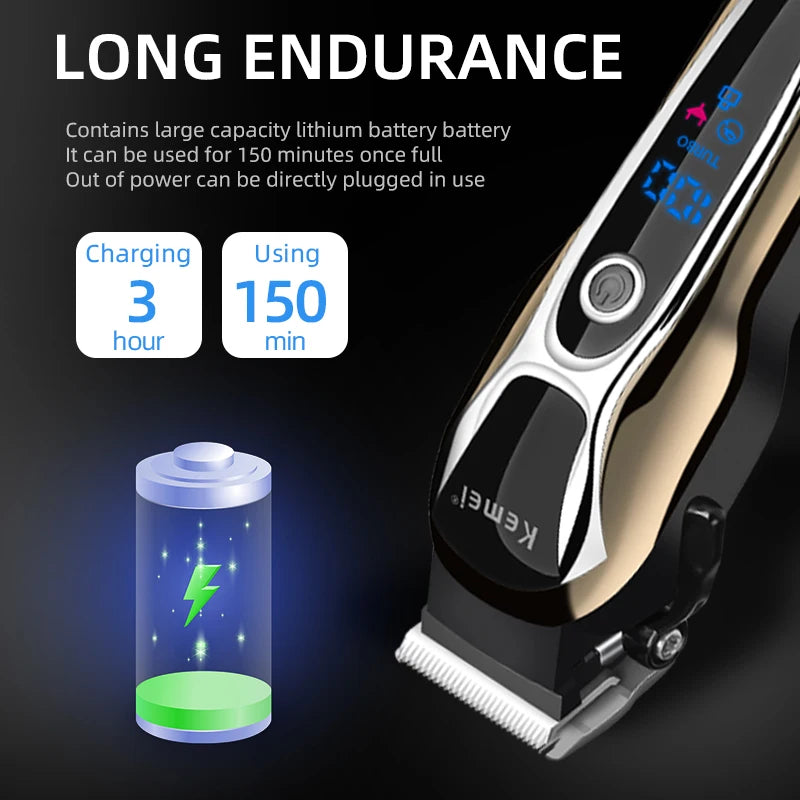 Kemei KM-1990 Professional Hair Clipper – presis, kraftig og stillegående trimmer med LCD-display