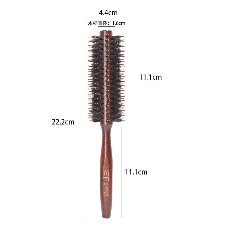 Natural Boar Bristle Hair Curling Comb – rund fønebørste i tre for glansfull styling