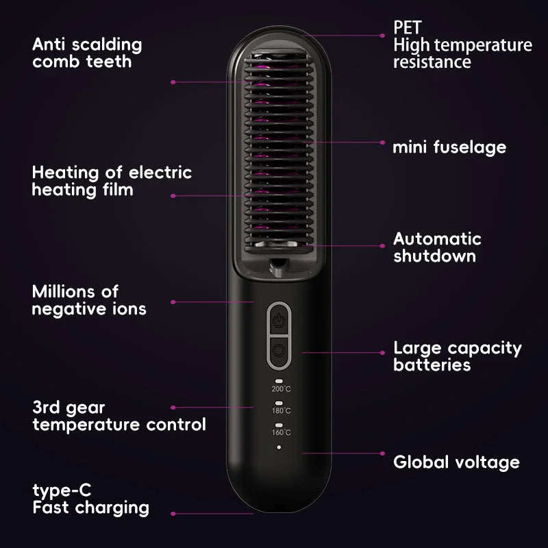 Trådløs mini rettetang-børste – bærbar ionisk varmbørste for rask styling hvor som helst