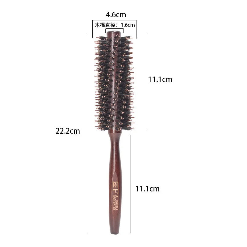 Natural Boar Bristle Hair Curling Comb – rund fønebørste i tre for glansfull styling
