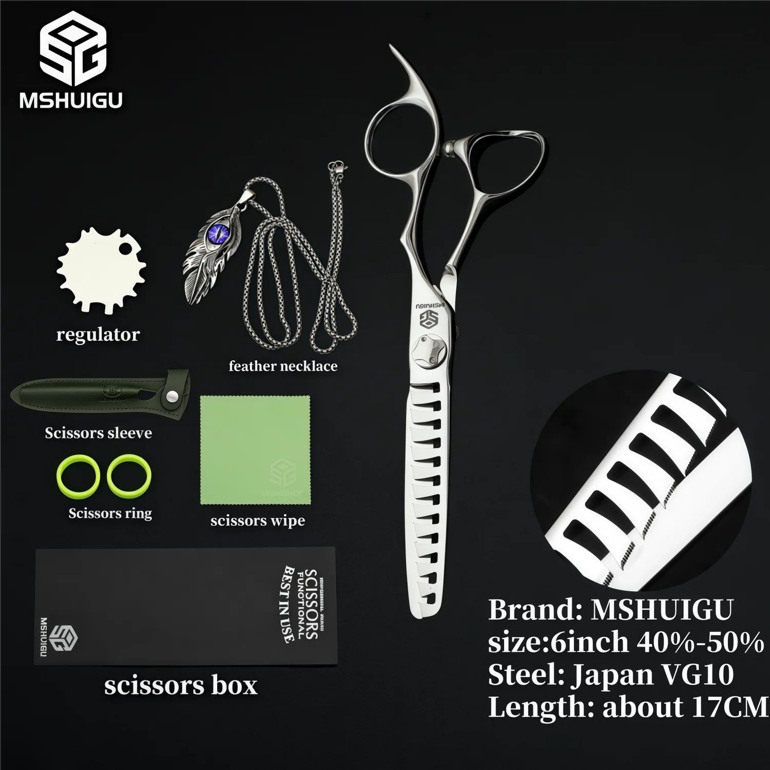 MSHUIGU VG10 Profesjonell Frisørsaks – Laser-Slipt Blad med 26 Tenner for Presis Tynning