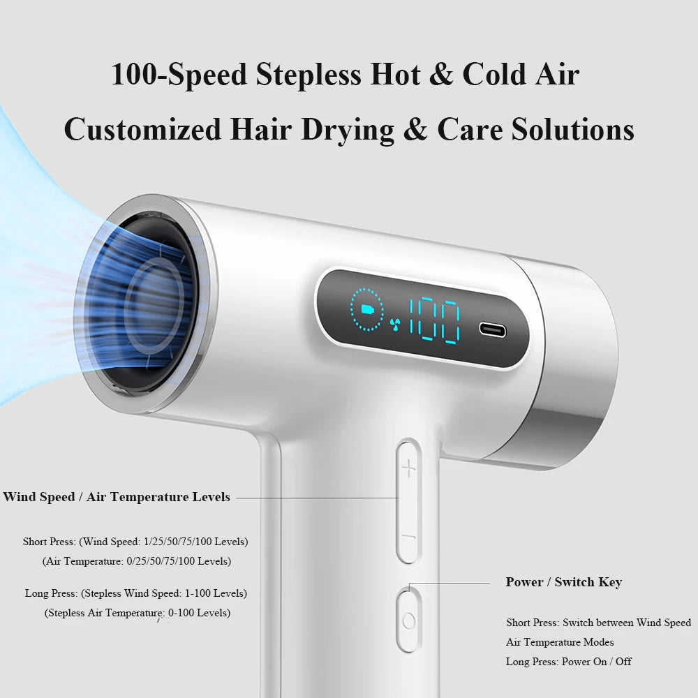 Trådløs Høyhastighets Hårføner – 100 000 RPM med Varm- og Kaldluft