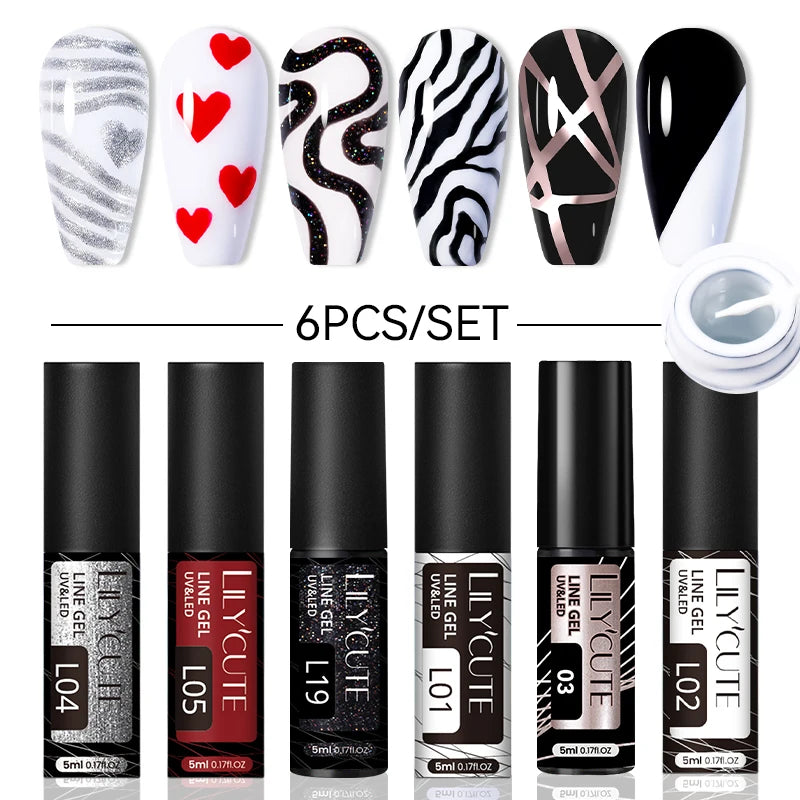 LILYCUTE 6-Delers Reflekterende Glitter Liner Gel Neglesett