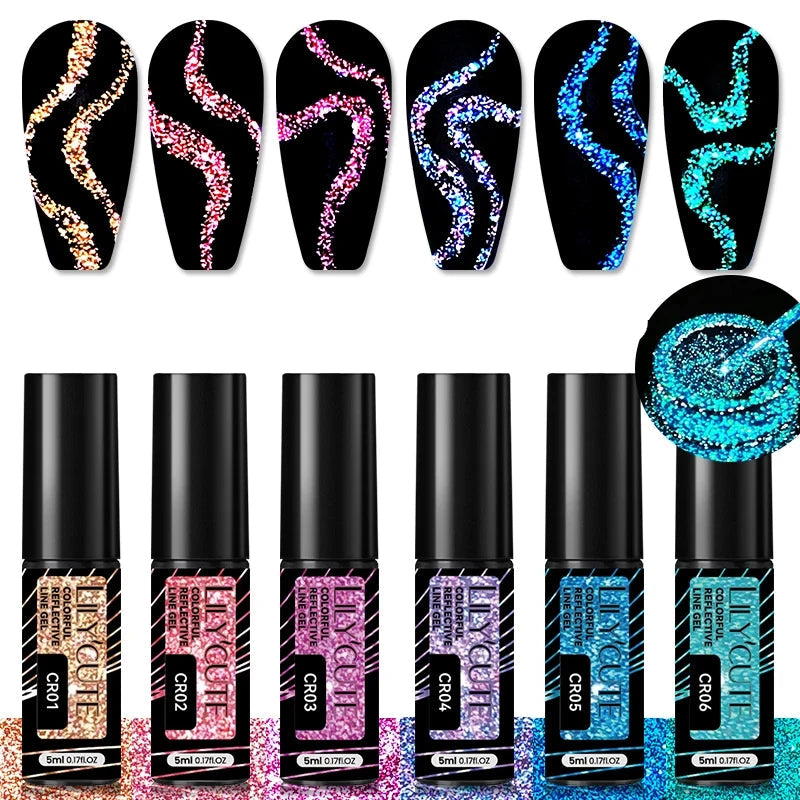 LILYCUTE 6-Delers Reflekterende Glitter Liner Gel Neglesett