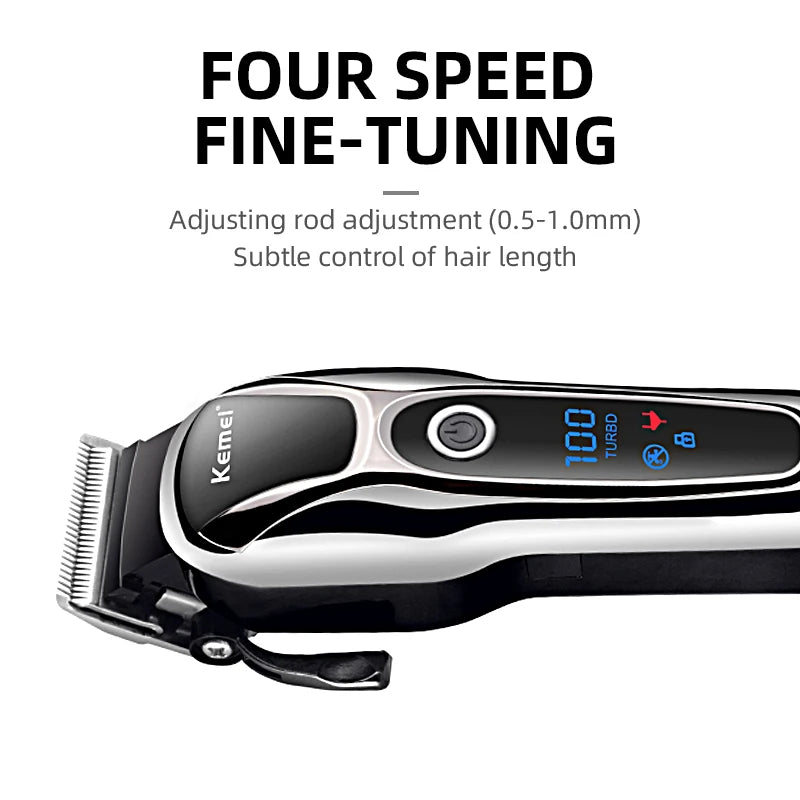 Kemei KM-1990 Professional Hair Clipper – presis, kraftig og stillegående trimmer med LCD-display