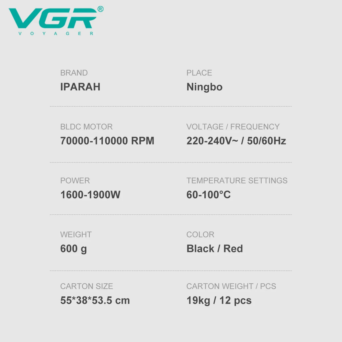 VGR V‑401 bladløs hårføner – BLDC‑motor, LED‑display og 3 munnstykker