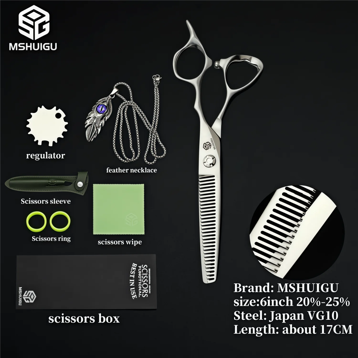 MSHUIGU VG10 Profesjonell Frisørsaks – Laser-Slipt Blad med 26 Tenner for Presis Tynning