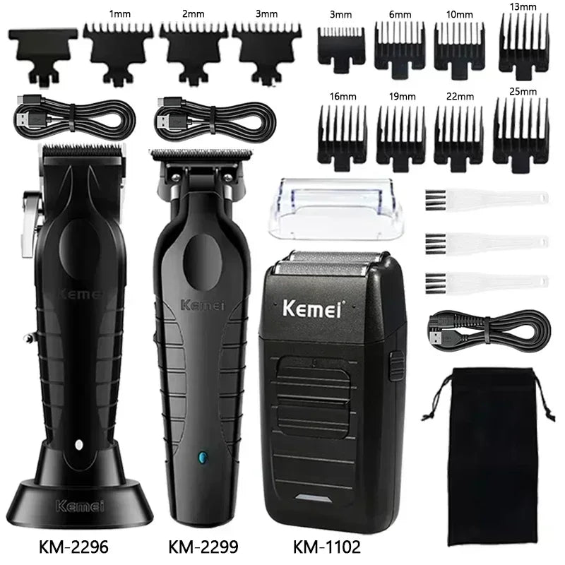 Kemei KM-2296 + KM-2299 + KM-1102 Professional Hair Clipper Kit – alt du trenger for presis, stillegående og profesjonell hårklipp