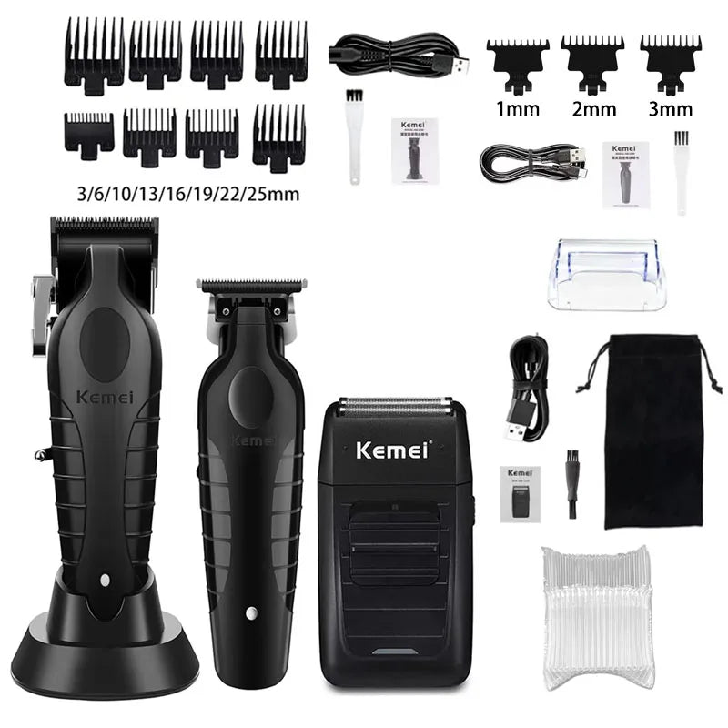 Kemei KM-2296 + KM-2299 + KM-1102 Professional Hair Clipper Kit – komplett trådløst klippesett for hår, skjegg og detaljer