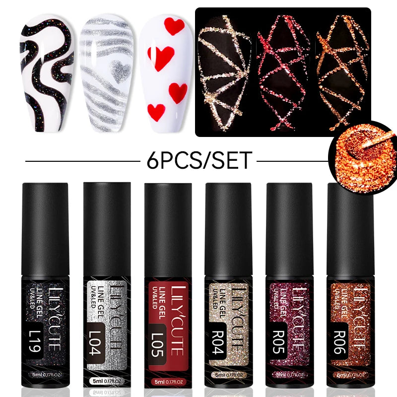 LILYCUTE 6-Delers Reflekterende Glitter Liner Gel Neglesett