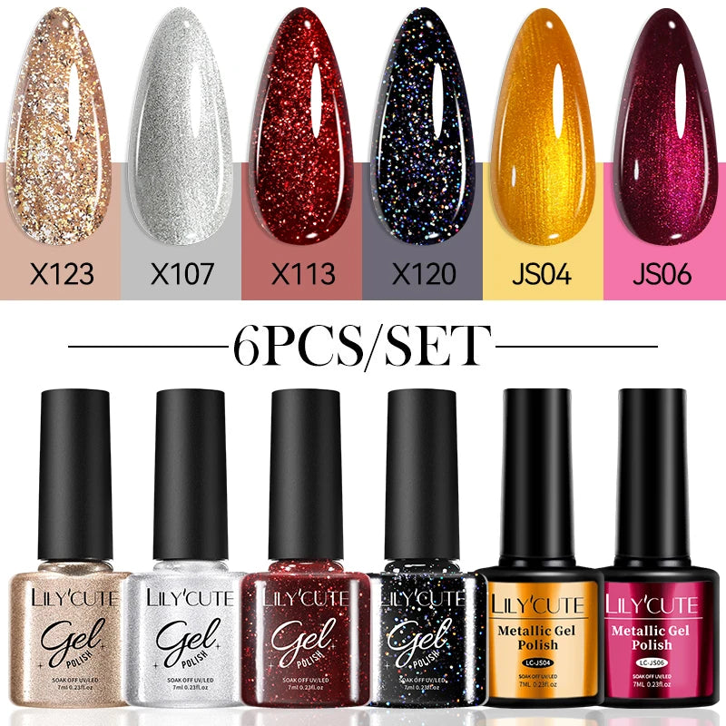 LILYCUTE 6-Delers Reflekterende Glitter Liner Gel Neglesett