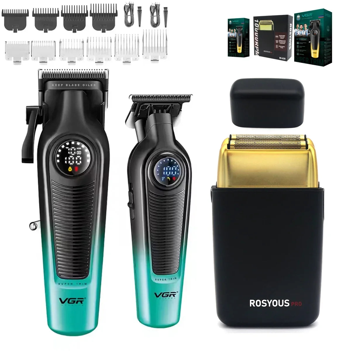 VGR V-996 / V-196 / RS-620 Profesjonelt Klippesett – komplett barberkit med kraftige klippere og LED-display
