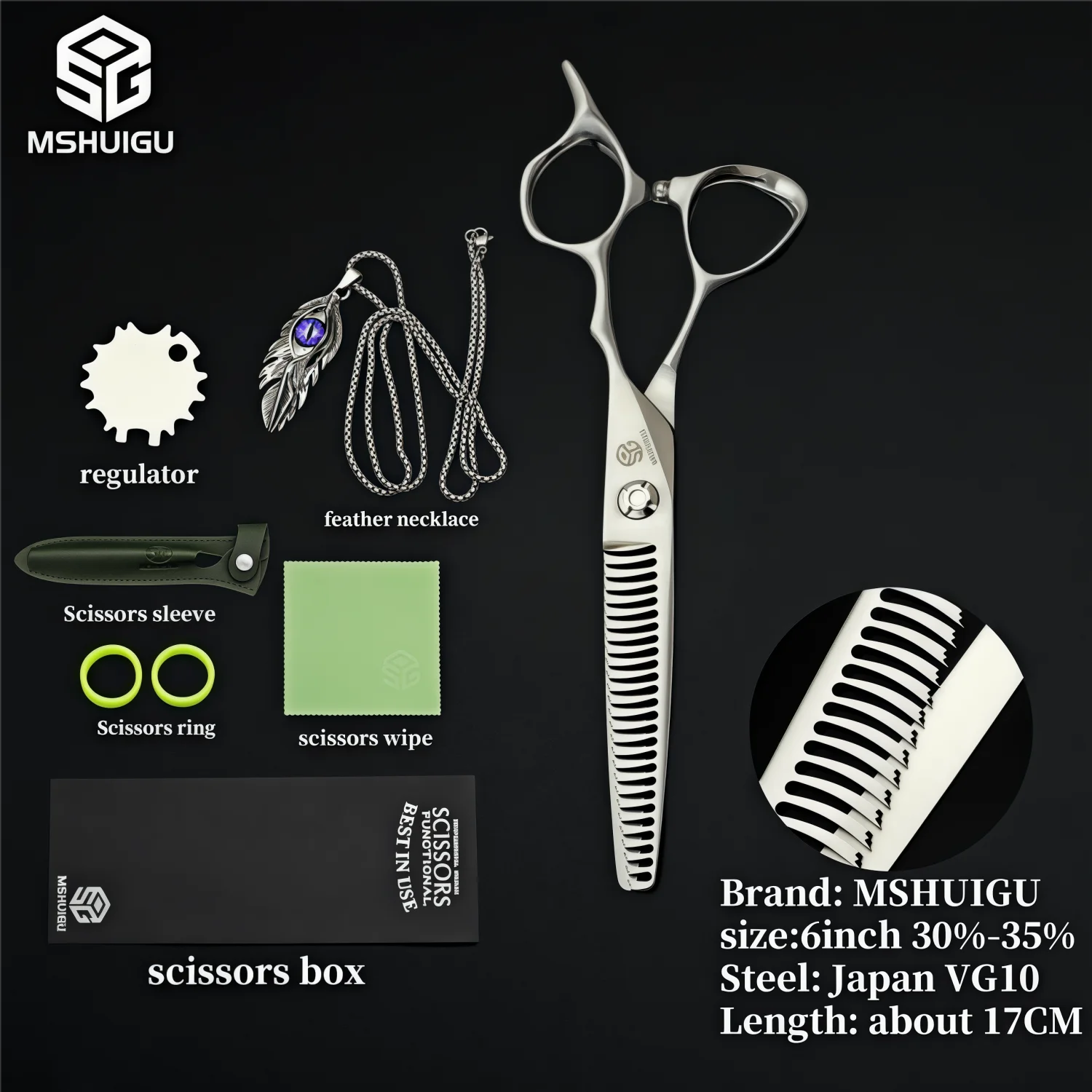 MSHUIGU VG10 Profesjonell Frisørsaks – Laser-Slipt Blad med 26 Tenner for Presis Tynning