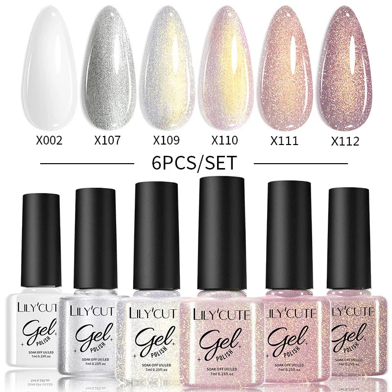 LILYCUTE 6-Delers Reflekterende Glitter Liner Gel Neglesett