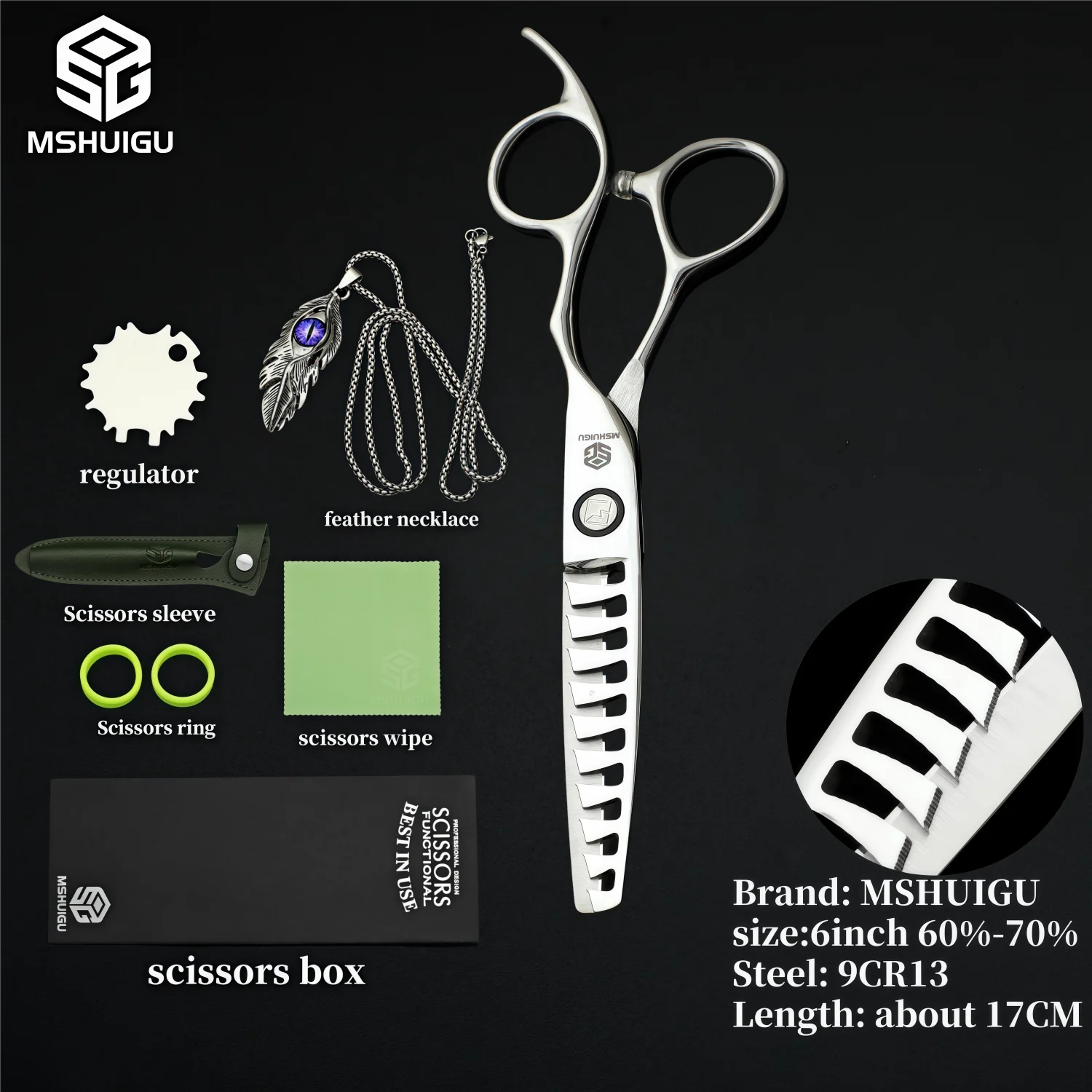 MSHUIGU VG10 Profesjonell Frisørsaks – Laser-Slipt Blad med 26 Tenner for Presis Tynning