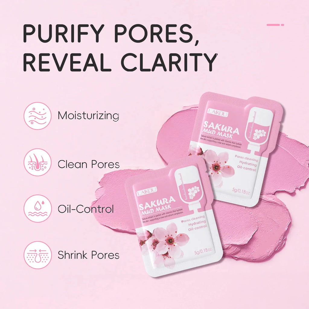 LAIKOU Cleansing Mud Mask 10pcs – Sakura &amp; Eggplant Deep Cleansing &amp; Pore-Minimizing Mask