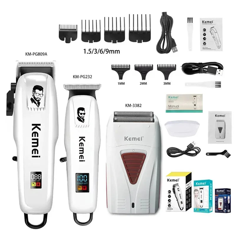 Kemei KM-PG809A + KM-PG232 + KM-3382 Grooming Kit – komplett hår- og skjeggsett for presis, stillegående og profesjonell klipp