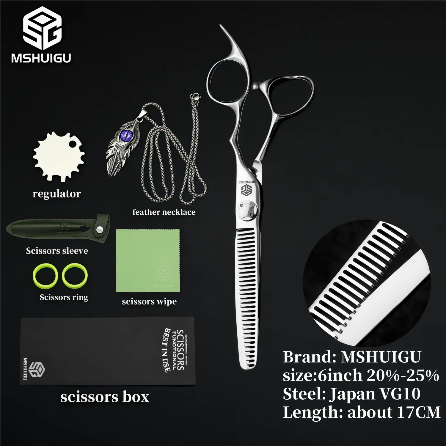 MSHUIGU VG10 Profesjonell Frisørsaks – Laser-Slipt Blad med 26 Tenner for Presis Tynning