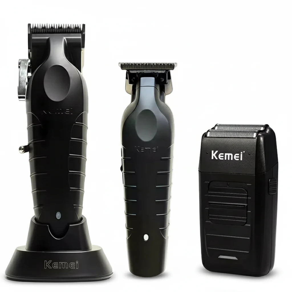 Kemei KM-2296 + KM-2299 + KM-1102 Professional Hair Clipper Kit – komplett trådløst klippesett for hår, skjegg og detaljer