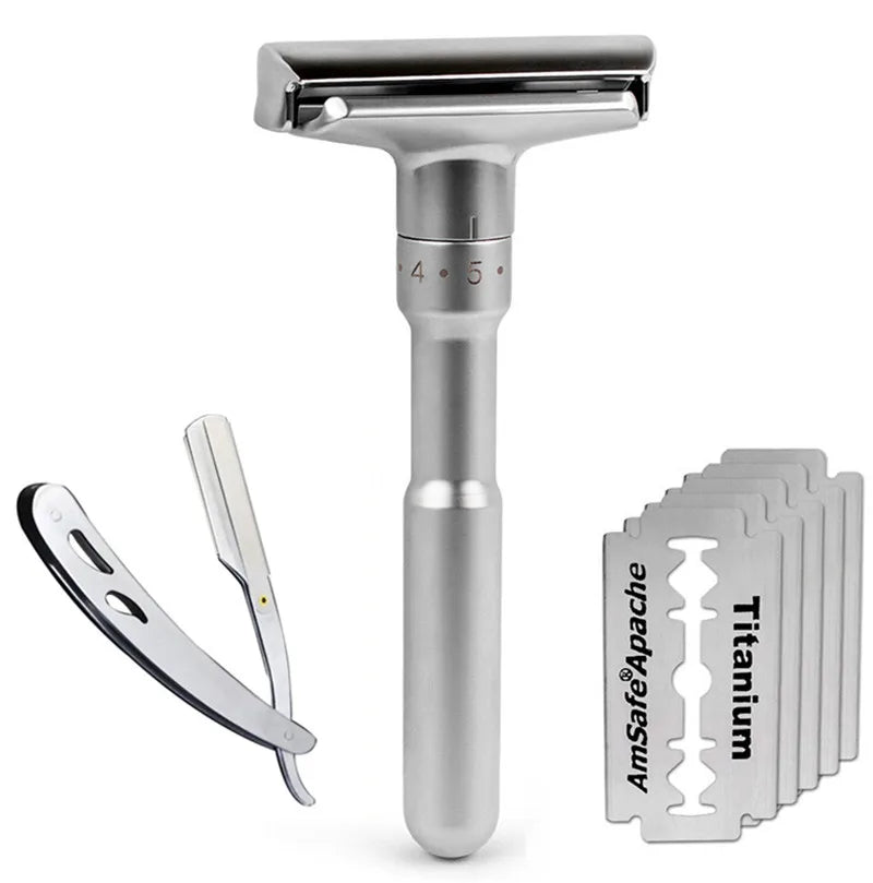 Justerbar Klassisk Safety Razor i Rustfritt Stål – Profesjonell Barberhøvel for Menn med Dobbelblad og Presis Kontroll