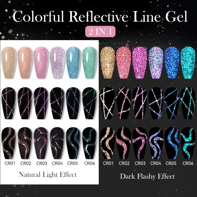 LILYCUTE 6-Delers Reflekterende Glitter Liner Gel Neglesett