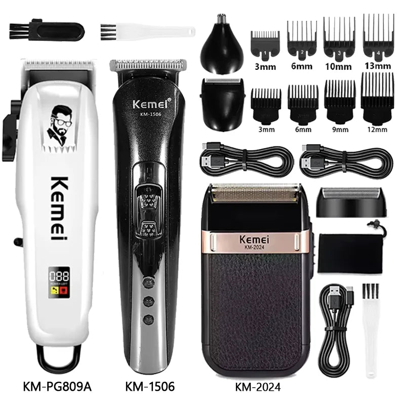 Kemei KM-PG809A + KM-1506 + KM-2024 Hair Clipper Kit – profesjonell presisjon og kraft for hår, skjegg og kropp