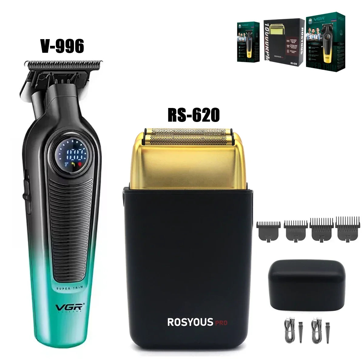 VGR V-996 / V-196 / RS-620 Profesjonelt Klippesett – komplett barberkit med kraftige klippere og LED-display