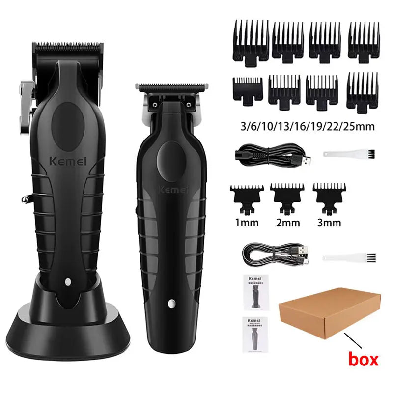 Kemei KM-2296 + KM-2299 + KM-1102 Professional Hair Clipper Kit – komplett trådløst klippesett for hår, skjegg og detaljer