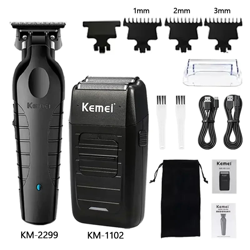 Kemei KM-2296 + KM-2299 + KM-1102 Professional Hair Clipper Kit – alt du trenger for presis, stillegående og profesjonell hårklipp