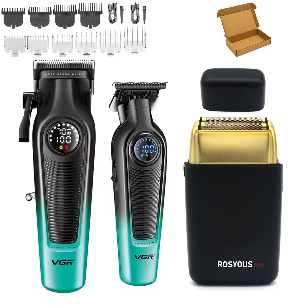 VGR V-996 / V-196 / RS-620 Profesjonelt Klippesett – komplett barberkit med kraftige klippere og LED-display