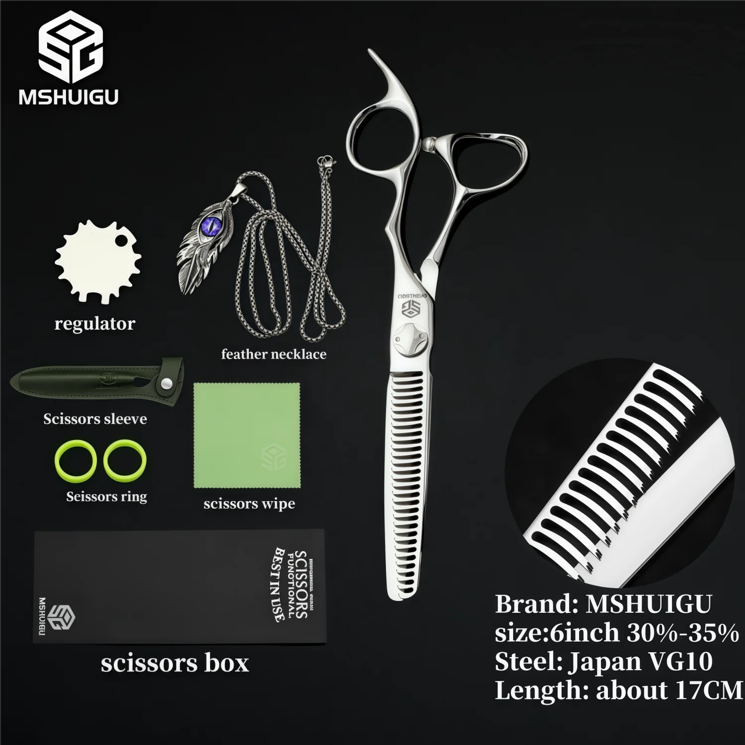 MSHUIGU VG10 Profesjonell Frisørsaks – Laser-Slipt Blad med 26 Tenner for Presis Tynning