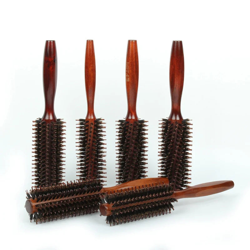 Natural Boar Bristle Hair Curling Comb – rund fønebørste i tre for glansfull styling
