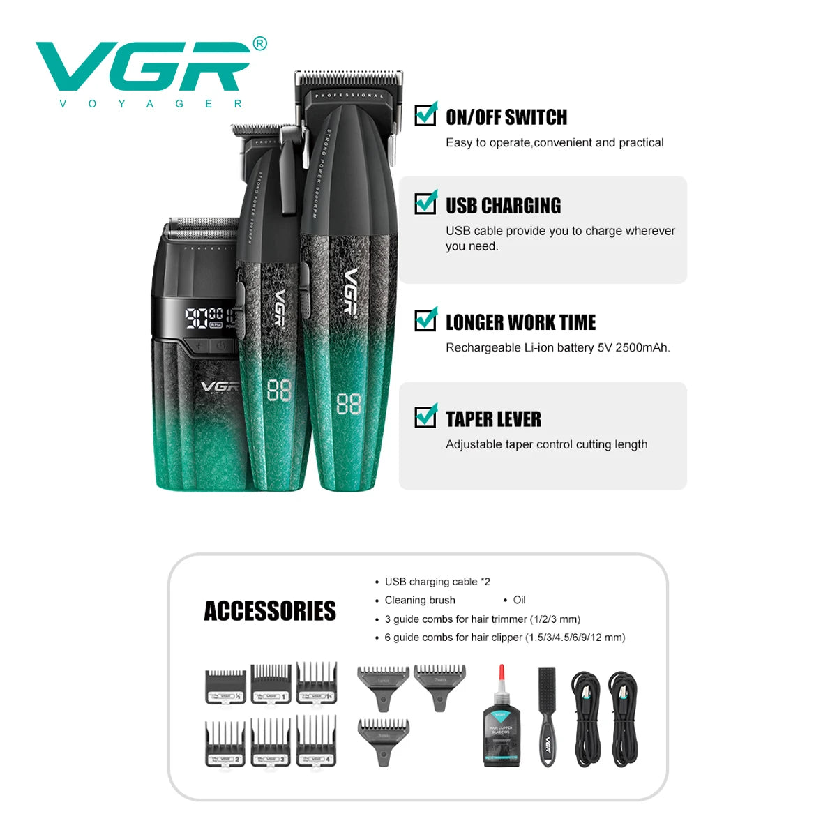 VGR V-640 S3 Profesjonell hår- og skjeggtrimmer – 9000 RPM metalltrimmer