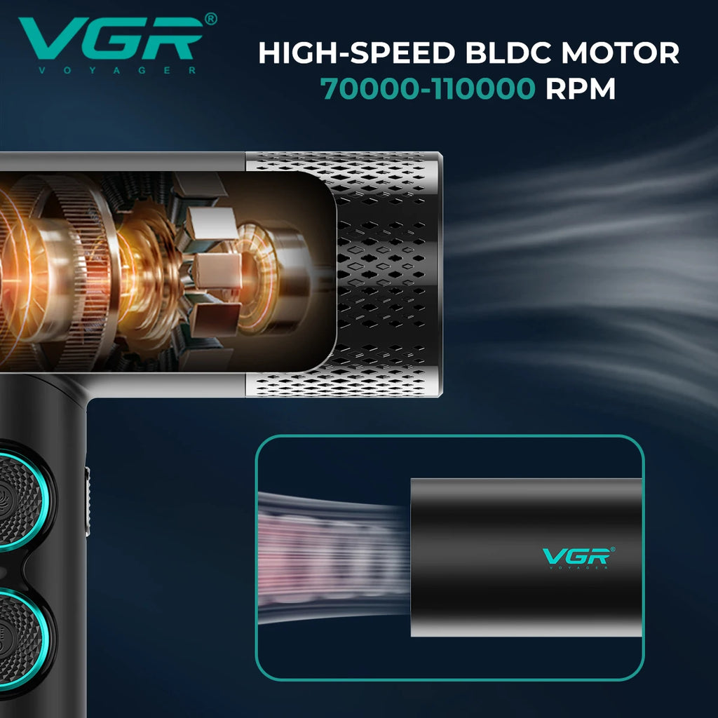 VGR V‑401 bladløs hårføner – BLDC‑motor, LED‑display og 3 munnstykker