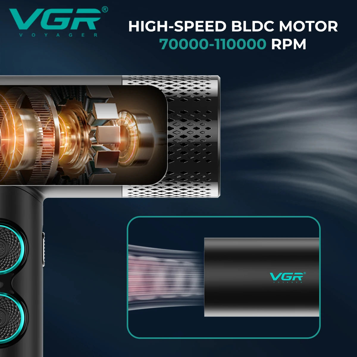 VGR V‑401 bladløs hårføner – BLDC‑motor, LED‑display og 3 munnstykker