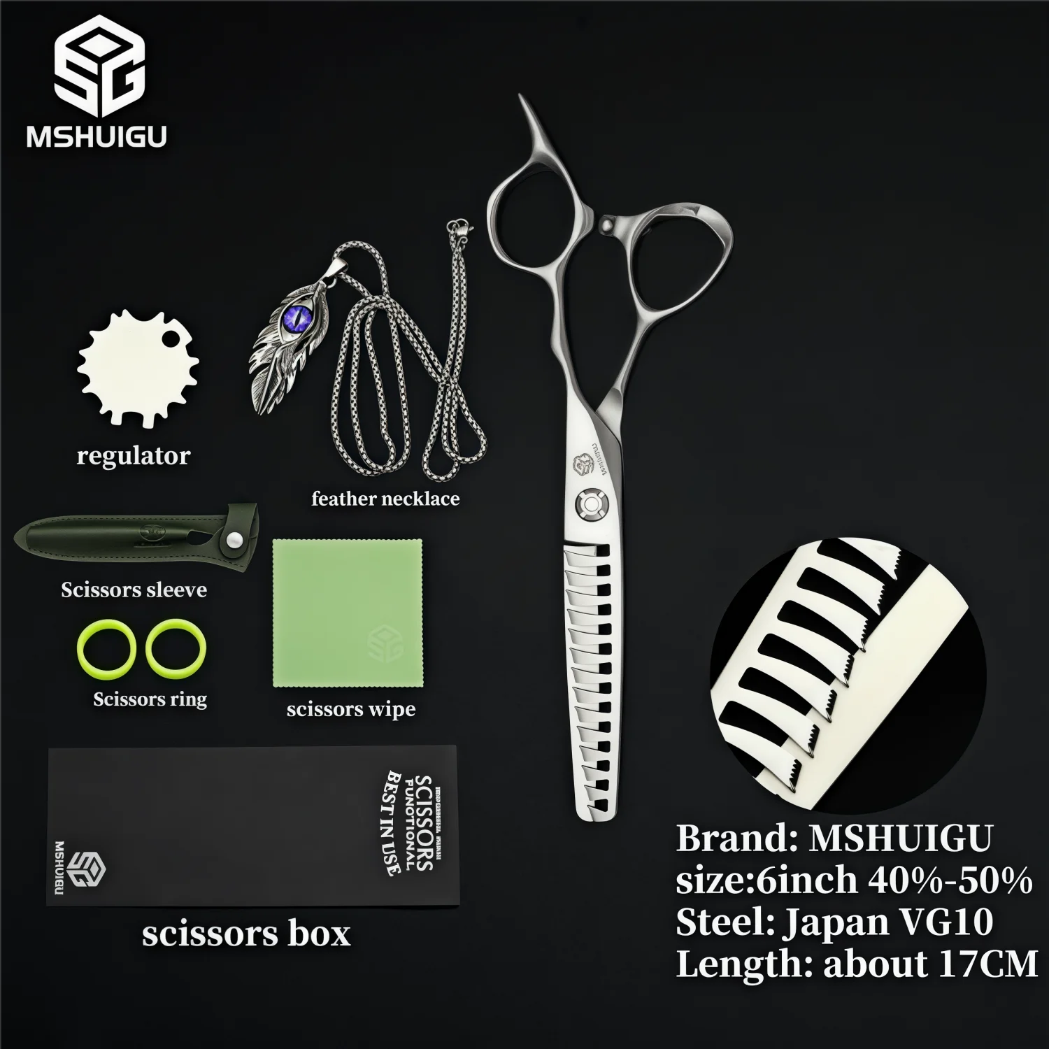 MSHUIGU VG10 Profesjonell Frisørsaks – Laser-Slipt Blad med 26 Tenner for Presis Tynning