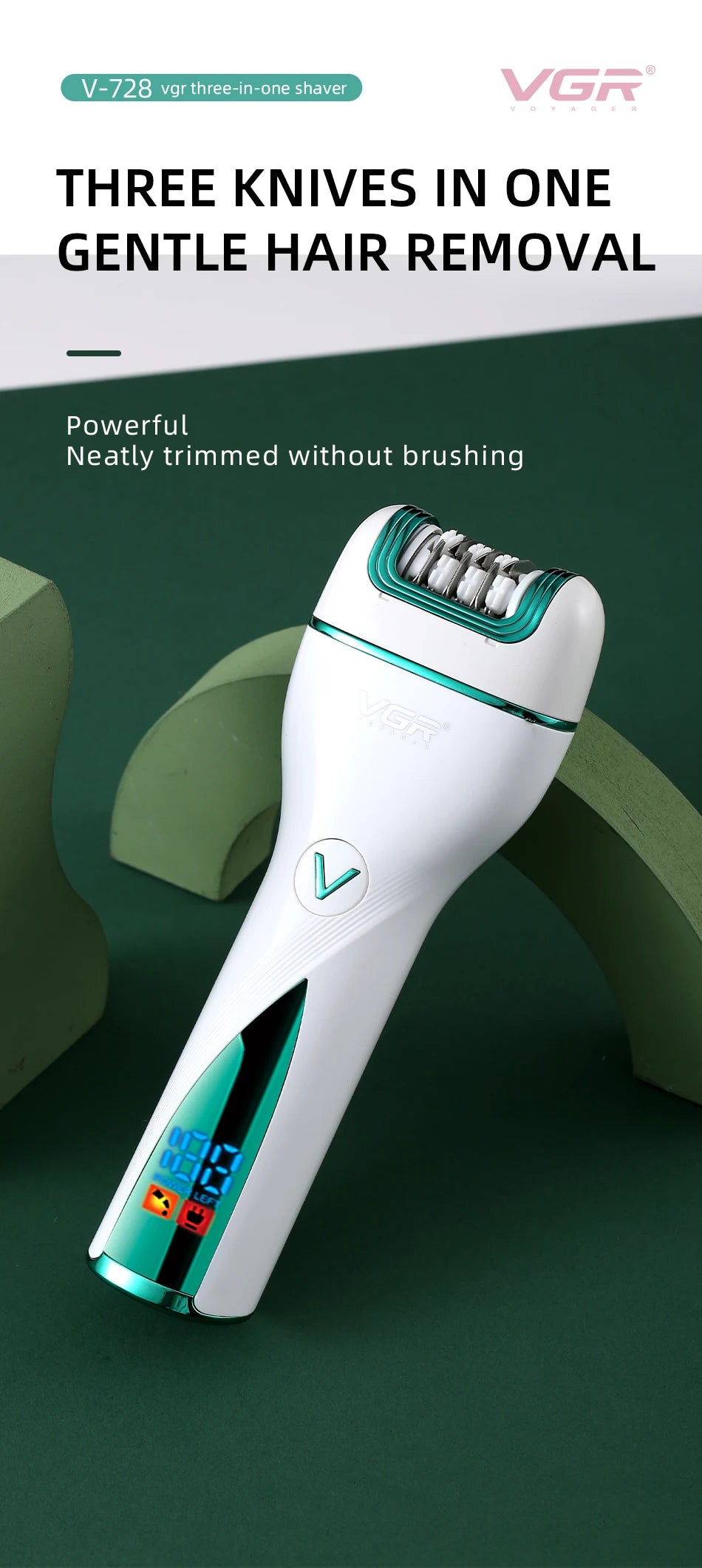 VGR V-728 3‑i‑1 epilator og trimmer – oppladbar multigroomer