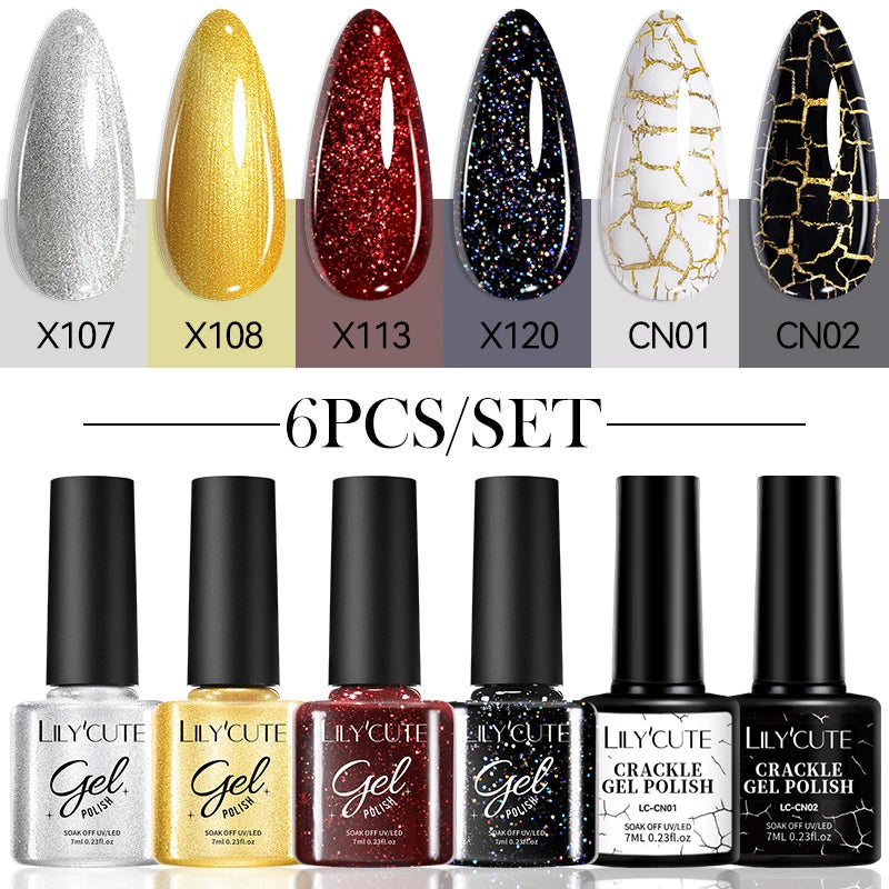 LILYCUTE 6-Delers Reflekterende Glitter Liner Gel Neglesett