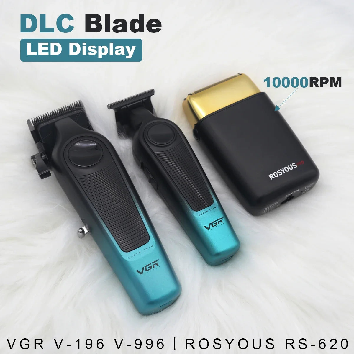 VGR V-996 / V-196 / RS-620 Profesjonelt Klippesett – komplett barberkit med kraftige klippere og LED-display