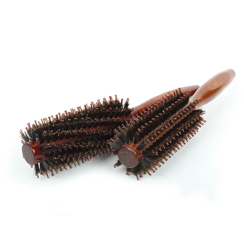 Natural Boar Bristle Hair Curling Comb – rund fønebørste i tre for glansfull styling